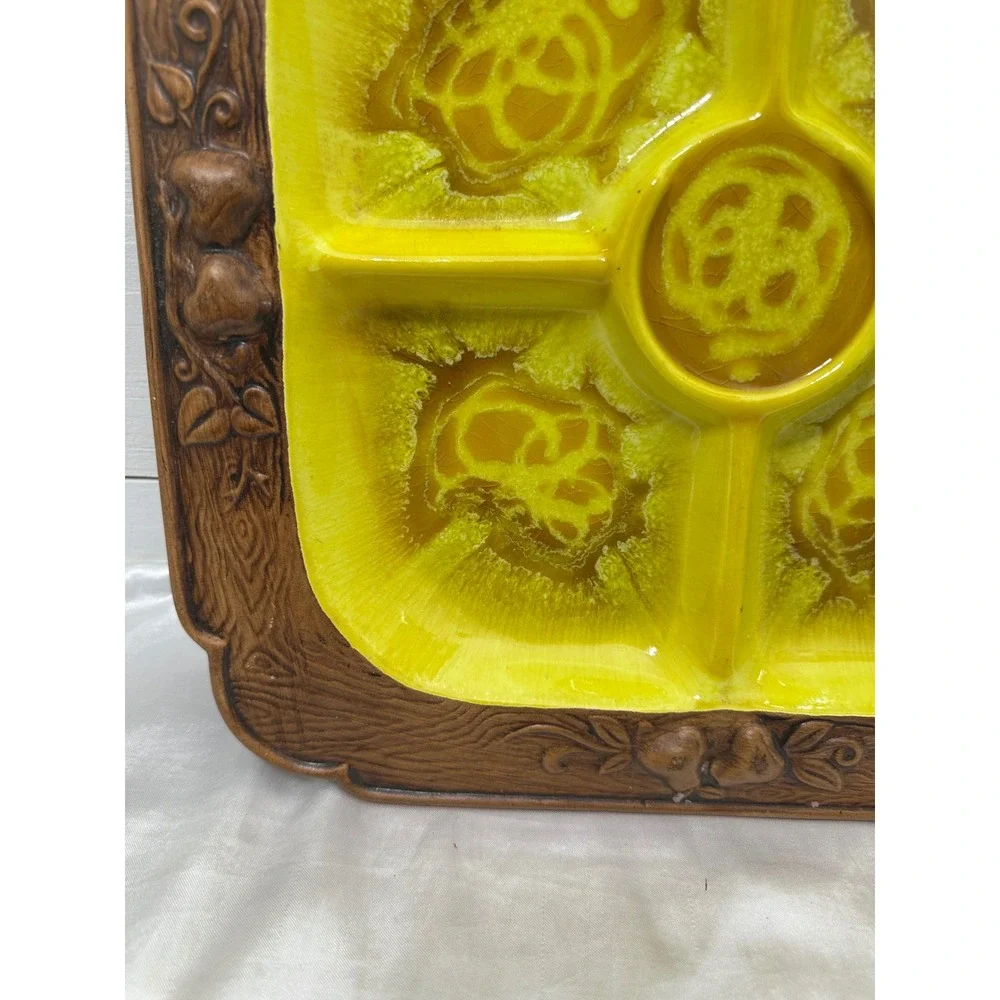 Treasure Craft‎ Divided Serving Tray Yellow Excellent Lava Glaze Fruit MCM Retro